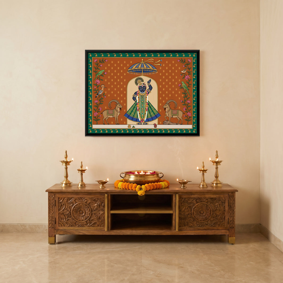 Shrinathji with Ibex - canvas art shown in a styled room