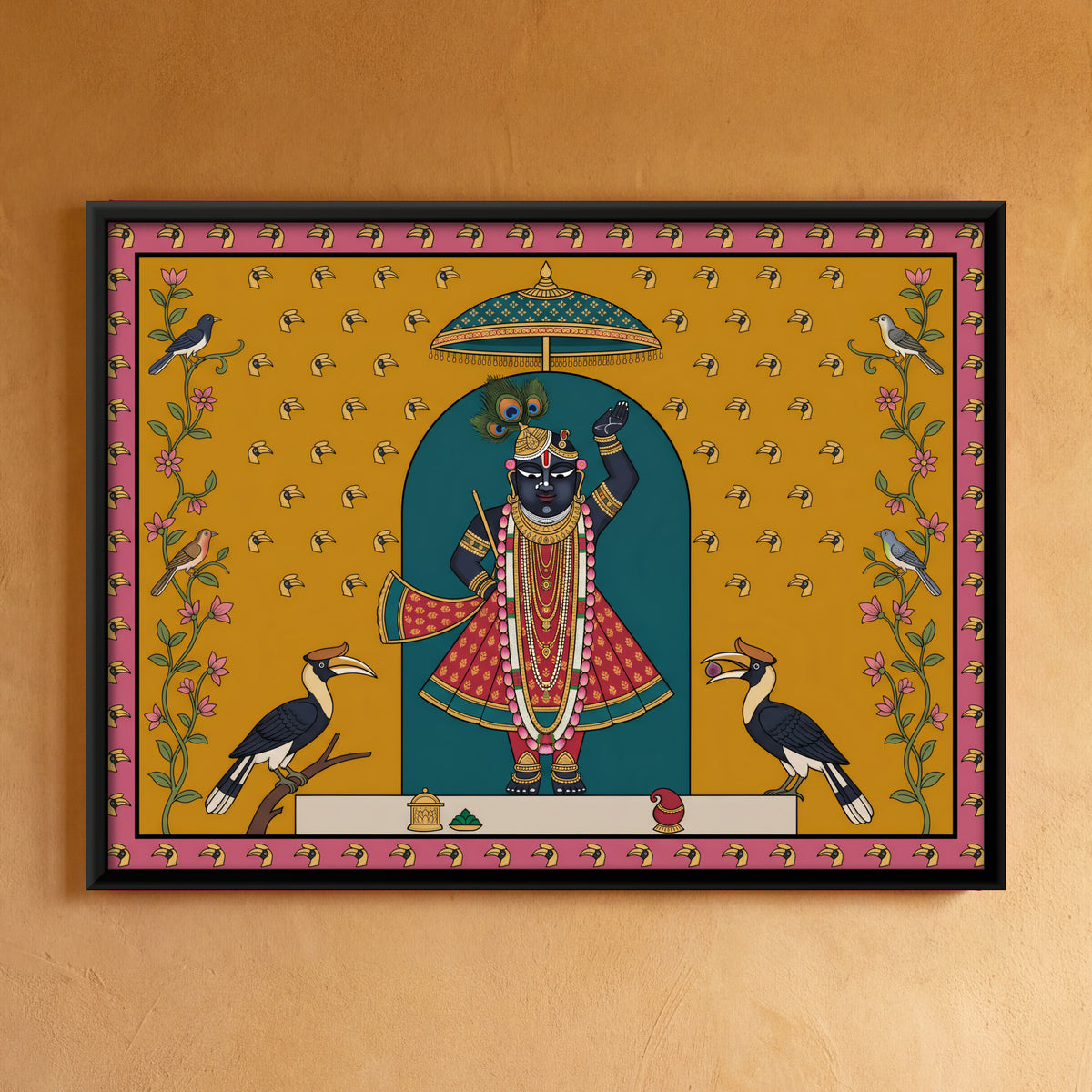 Shrinathji with Hornbills - framed canvas art hung on a wall