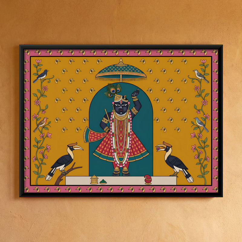 Shrinathji with Hornbills - framed canvas art hung on a wall