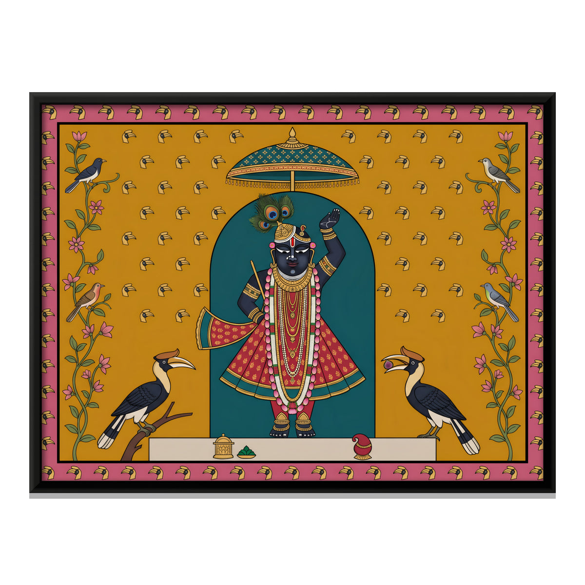 Shrinathji with Hornbills - framed canvas print, front view