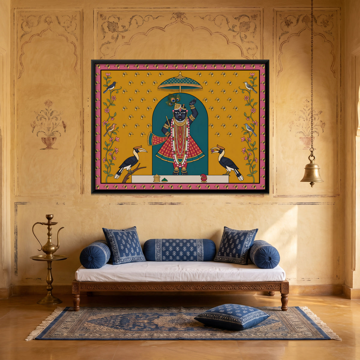 Shrinathji with Hornbills - canvas art shown in a styled room