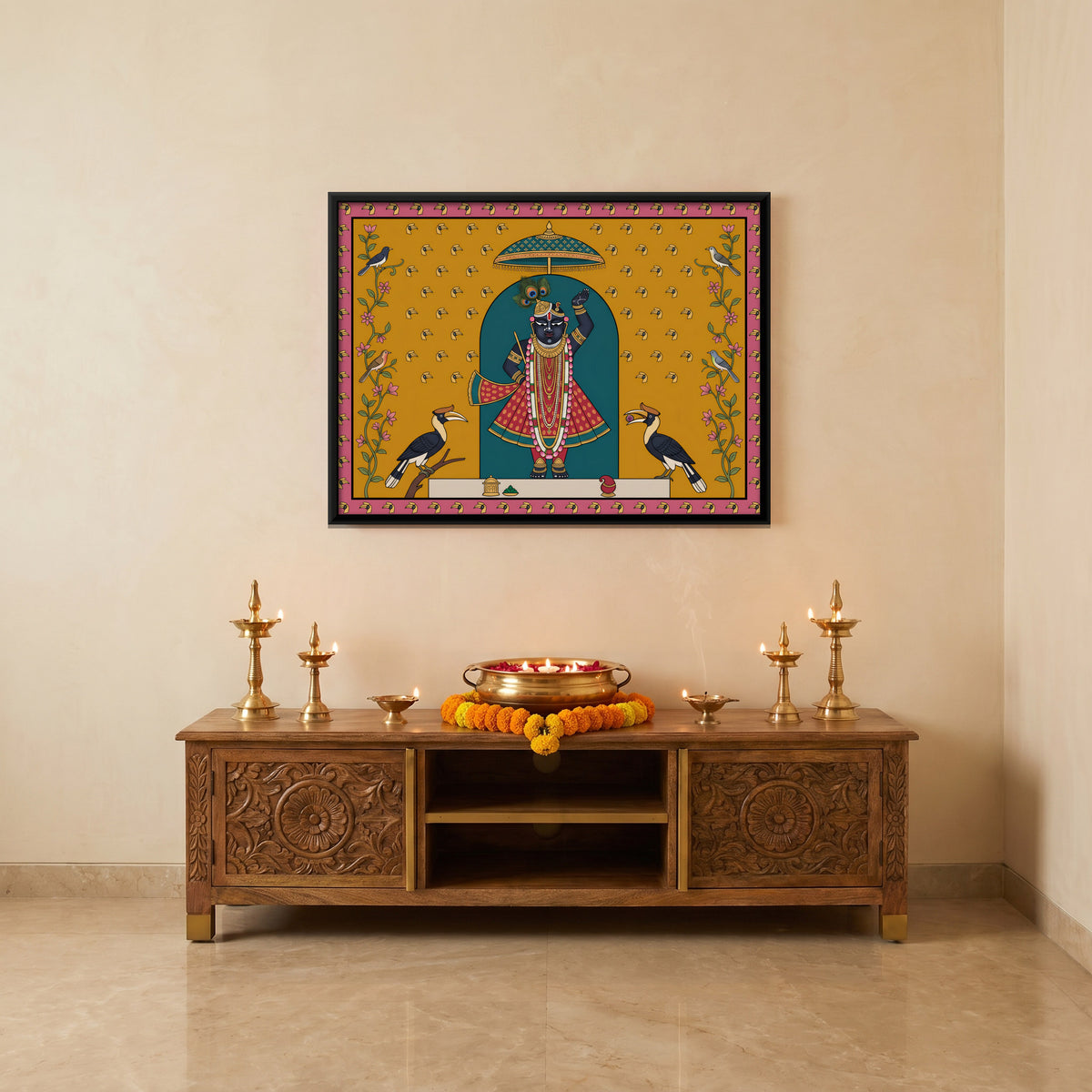 Shrinathji with Hornbills - canvas art shown in a second room setting