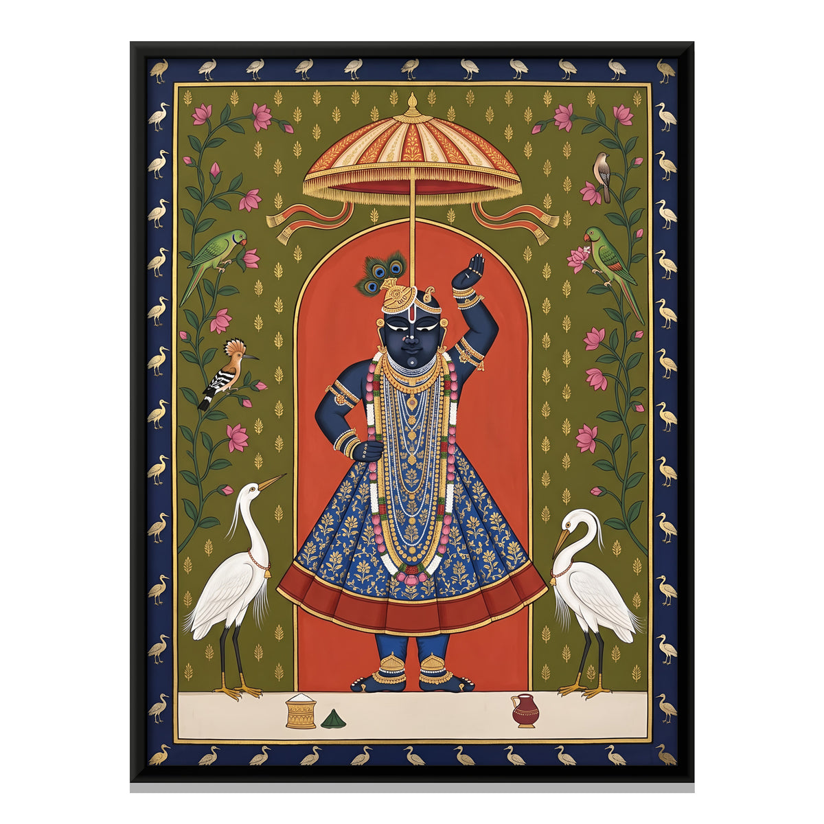 Shrinathji with Egrets - framed canvas print, front view