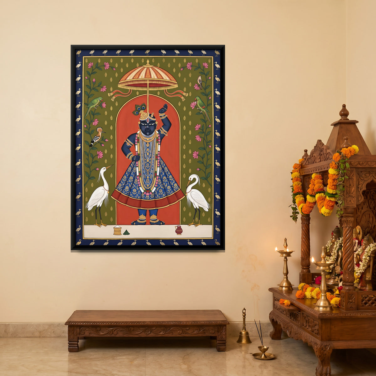 Shrinathji with Egrets - canvas art shown in a styled room