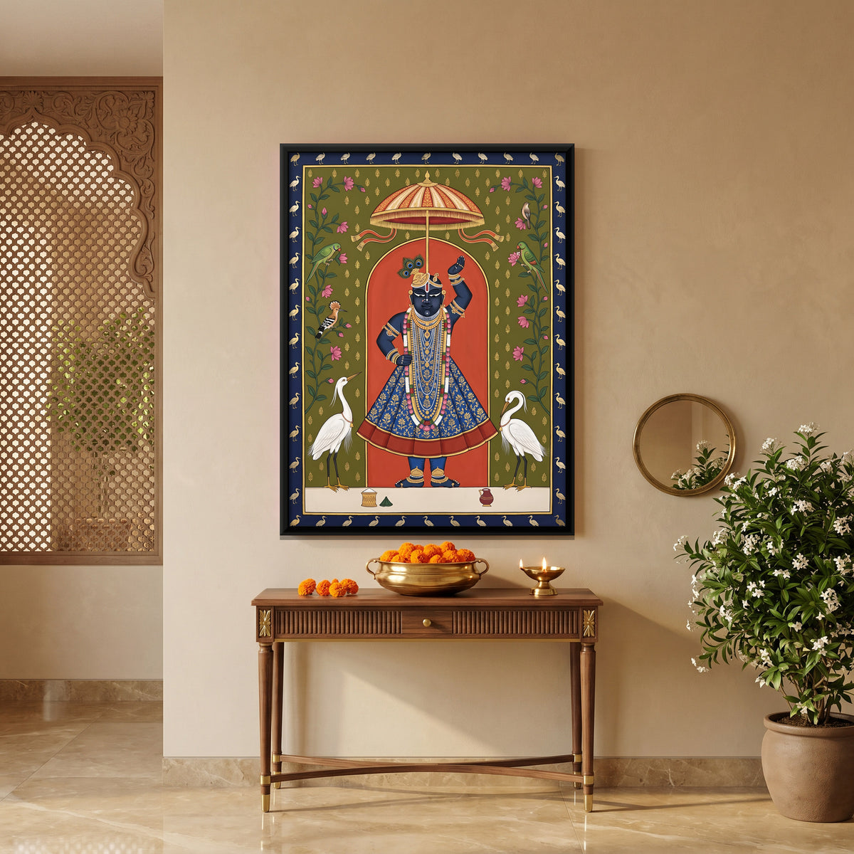 Shrinathji with Egrets - canvas art shown in a second room setting