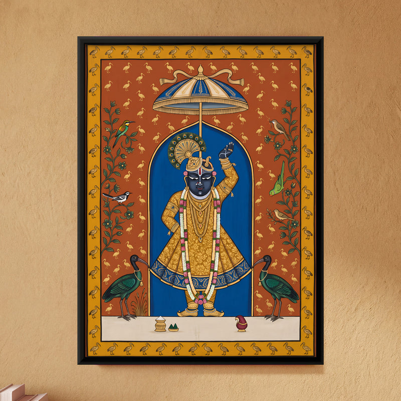 Shrinathji with Ibises - framed canvas art hung on a wall