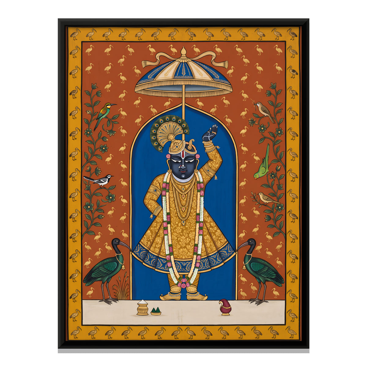 Shrinathji with Ibises - framed canvas print, front view
