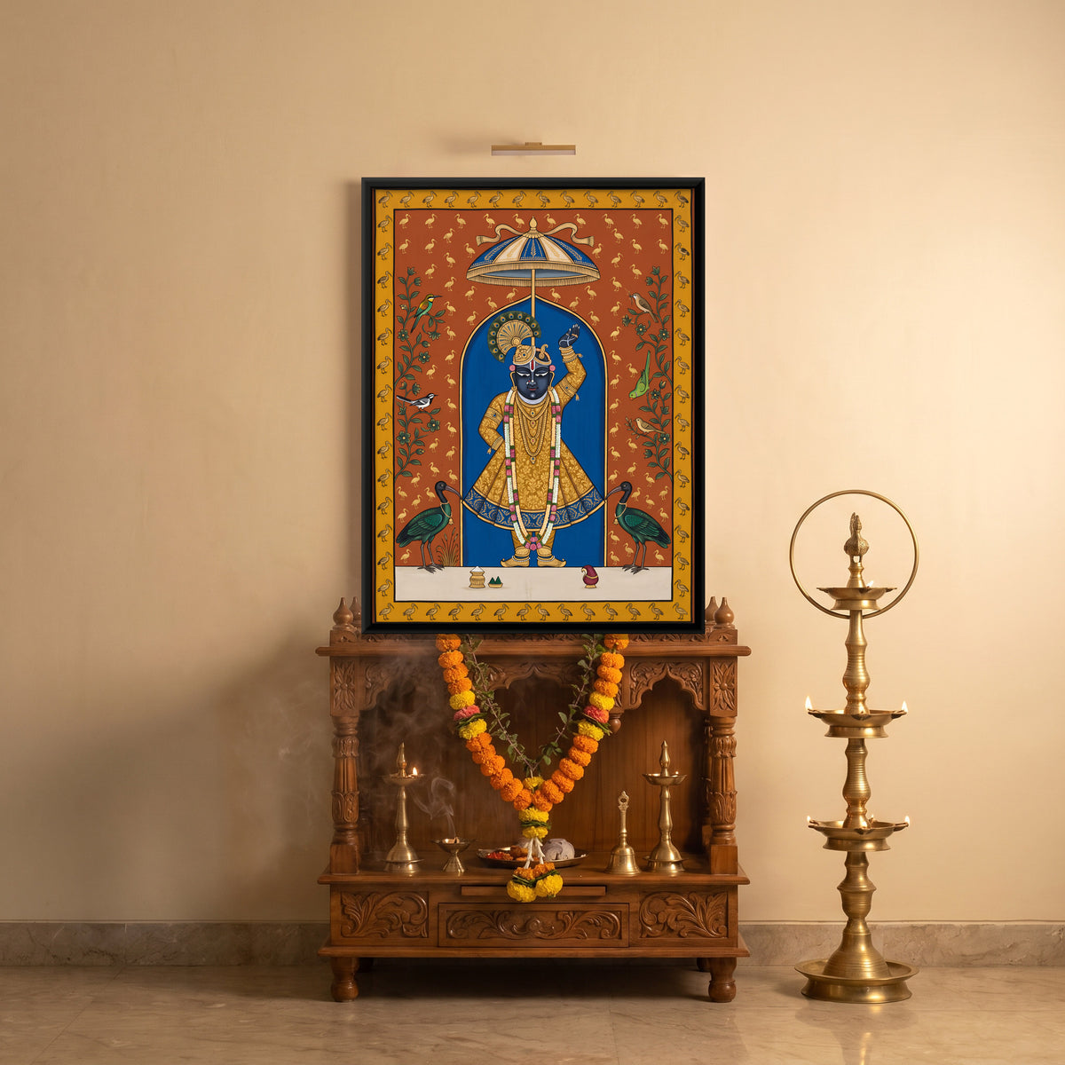 Shrinathji with Ibises - canvas art shown in a styled room