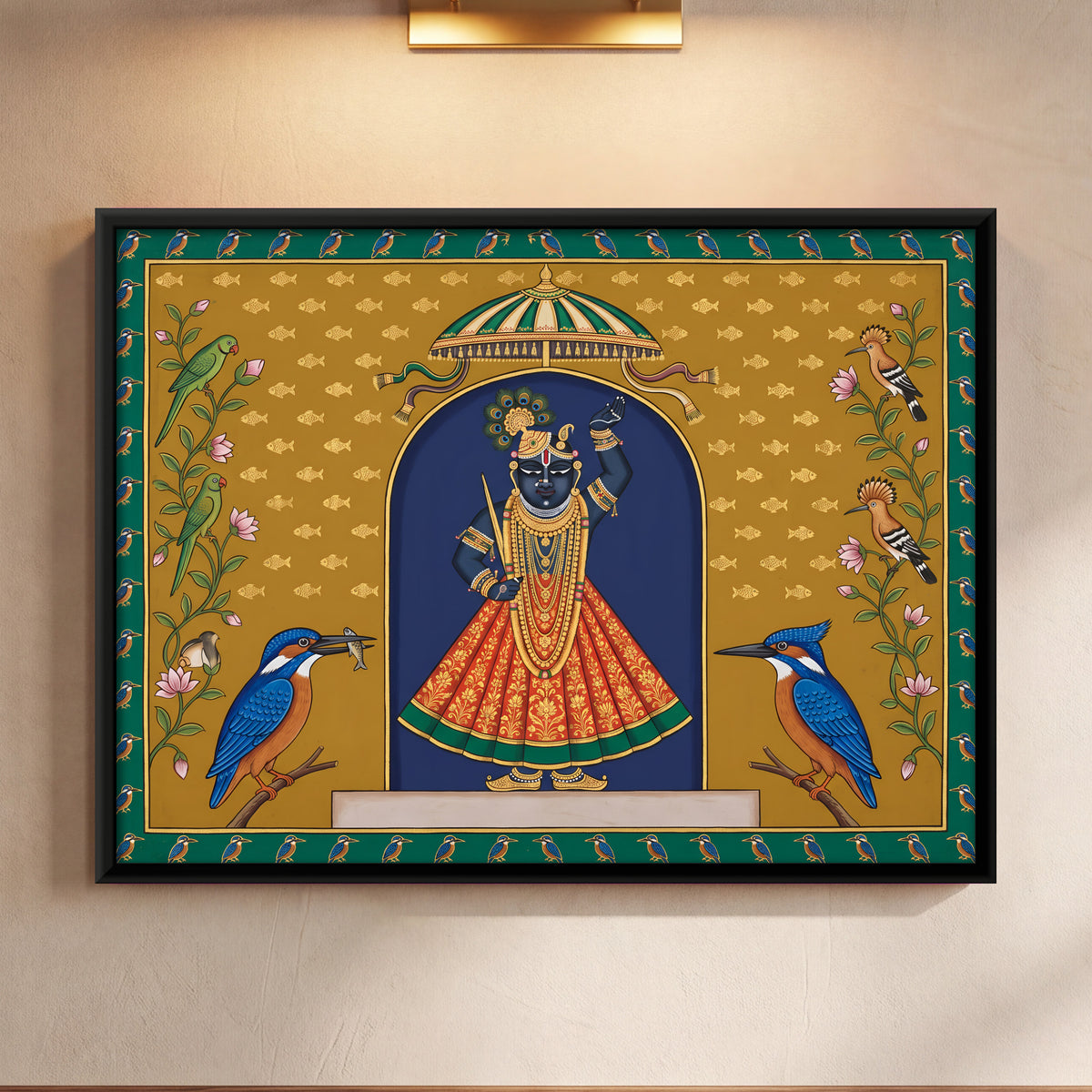 Shrinathji with Kingfishers - framed canvas art hung on a wall
