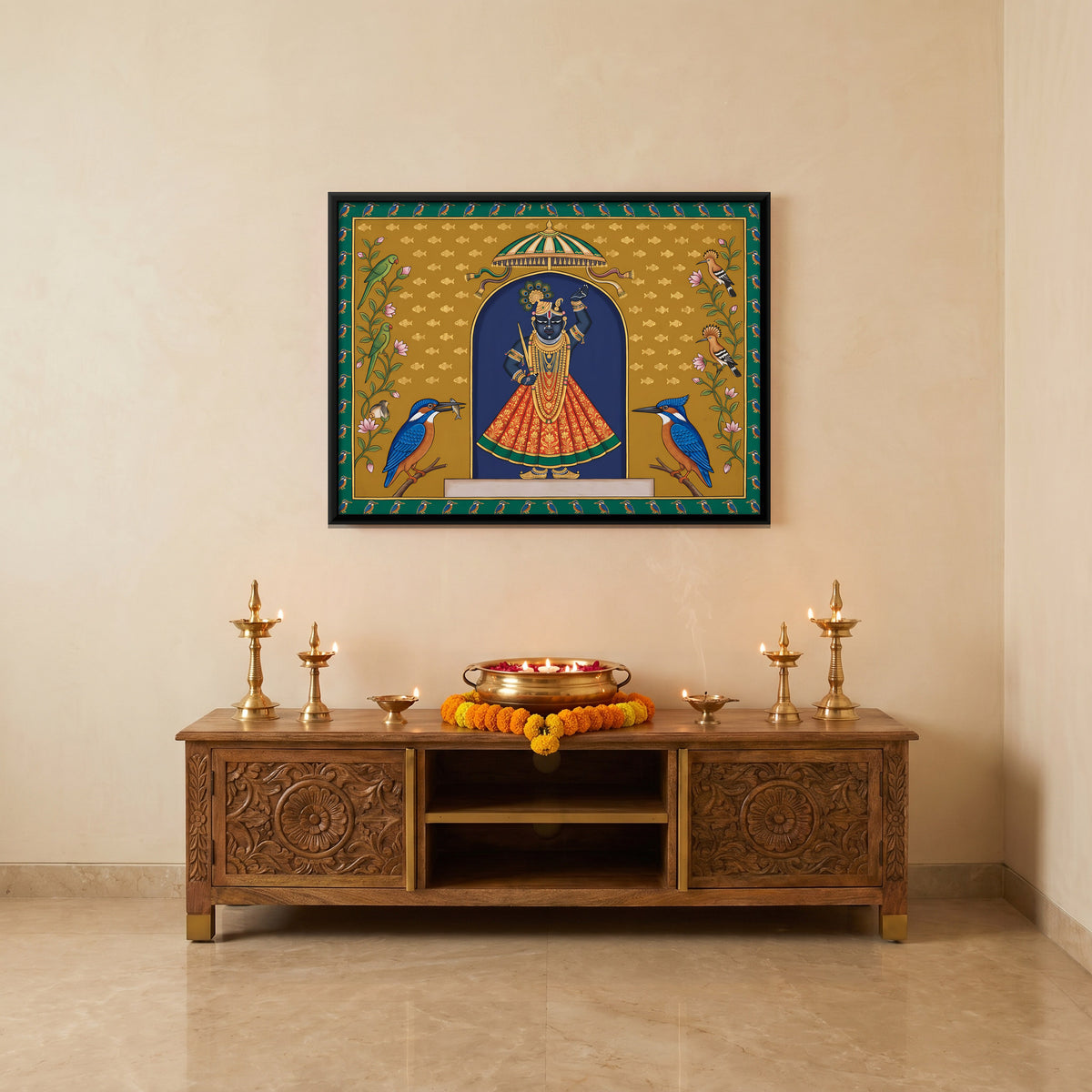 Shrinathji with Kingfishers - canvas art shown in a styled room