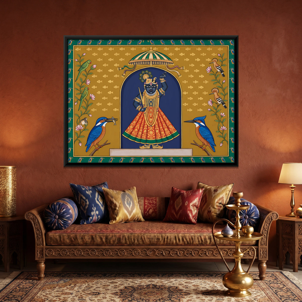 Shrinathji with Kingfishers - canvas art shown in a second room setting