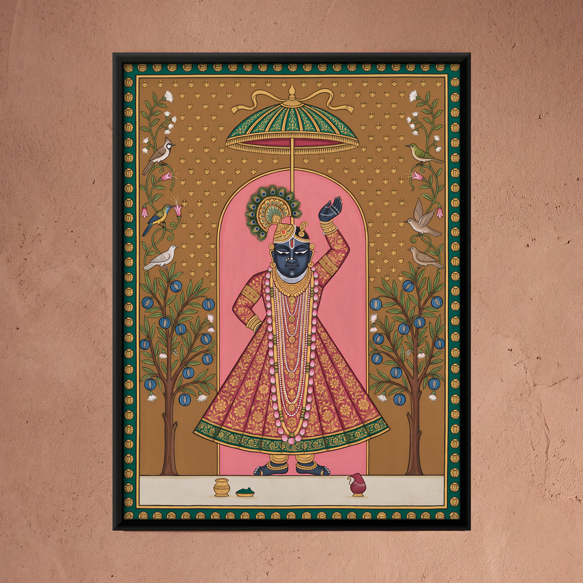Shrinathji with Rudraksha Trees - framed canvas art hung on a wall