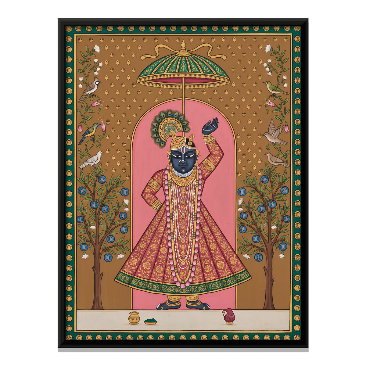 Shrinathji with Rudraksha Trees - framed canvas print, front view