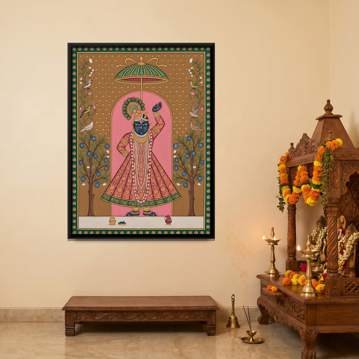 Shrinathji with Rudraksha Trees - canvas art shown in a styled room