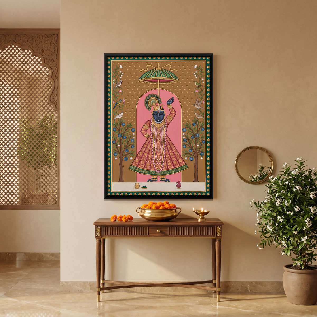 Shrinathji with Rudraksha Trees - canvas art shown in a second room setting
