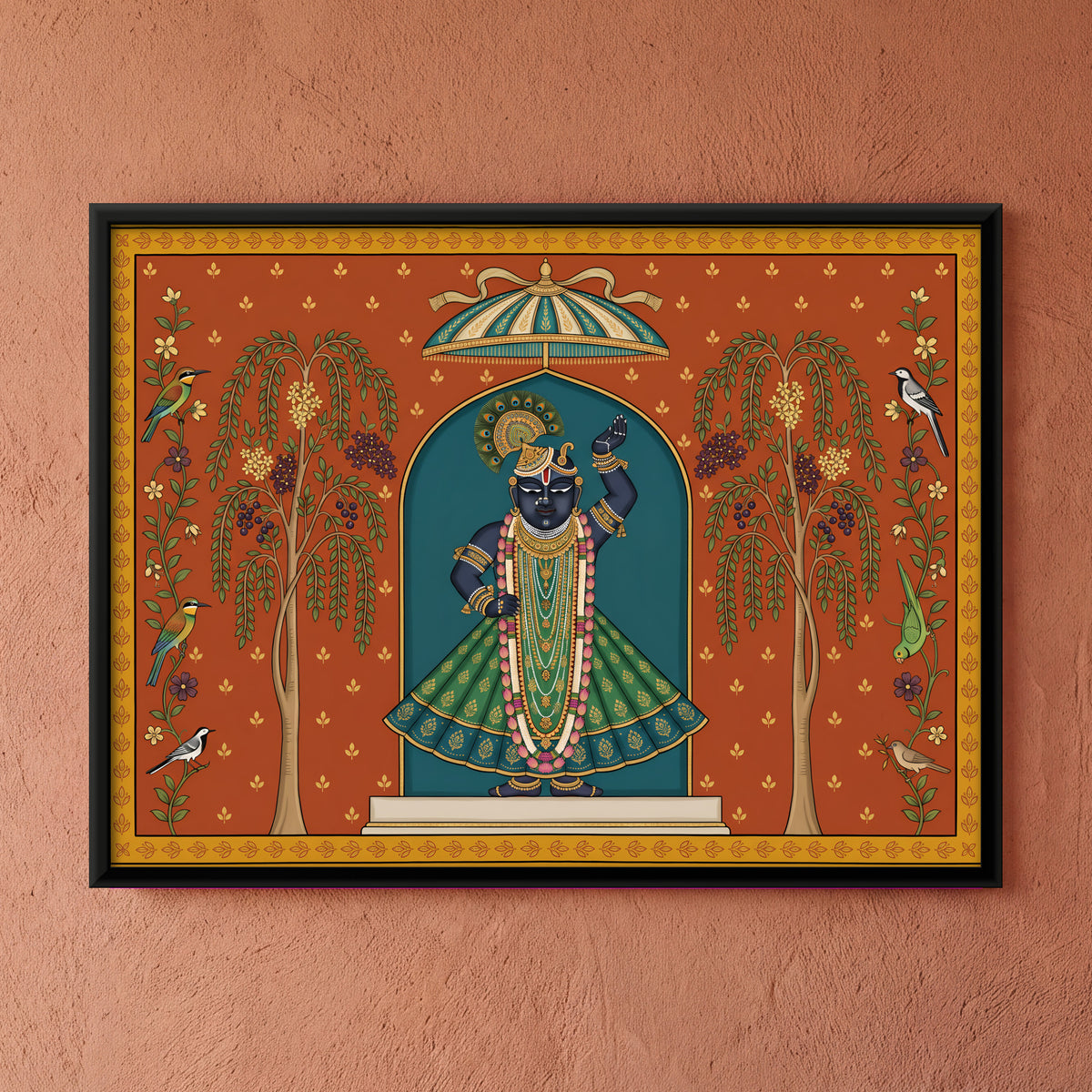 Shrinathji with Sandalwood Trees - framed canvas art hung on a wall