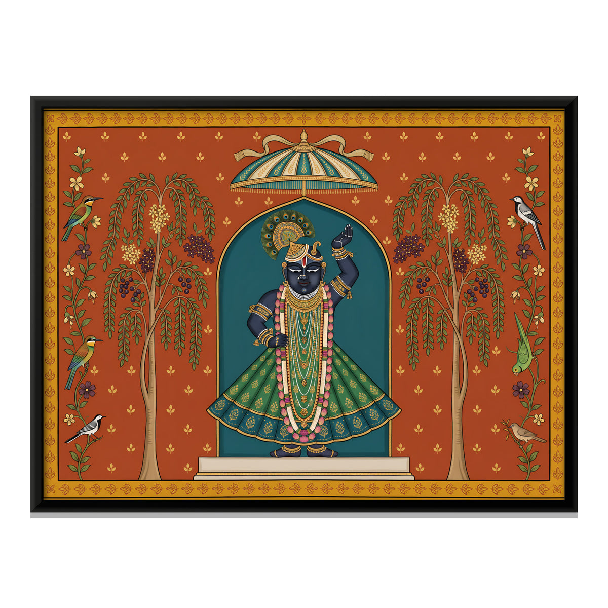 Shrinathji with Sandalwood Trees - framed canvas print, front view