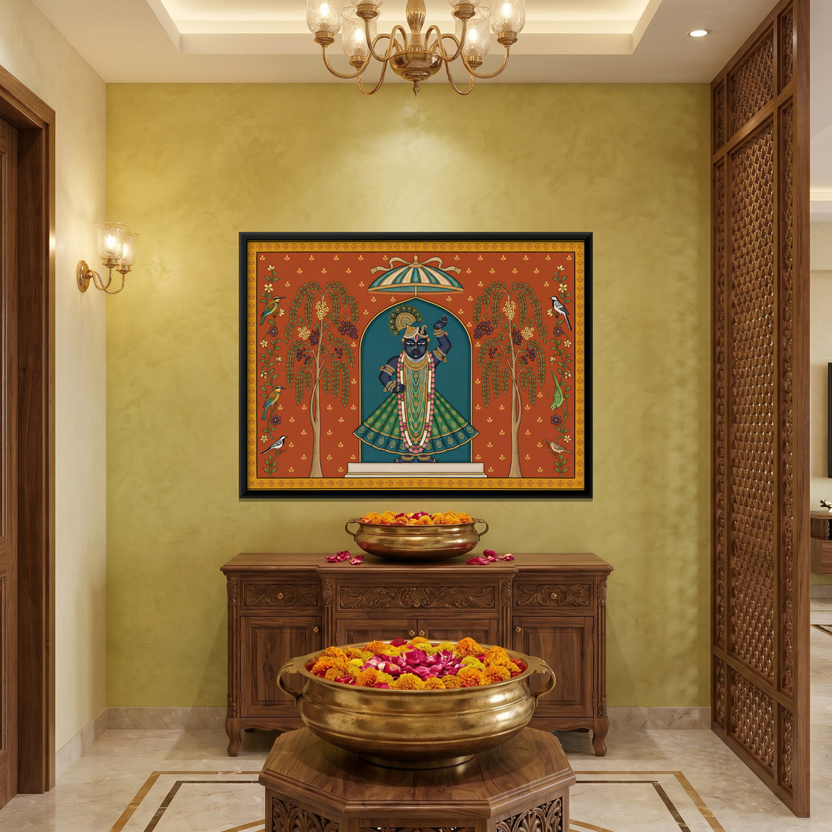 Shrinathji with Sandalwood Trees - canvas art shown in a styled room