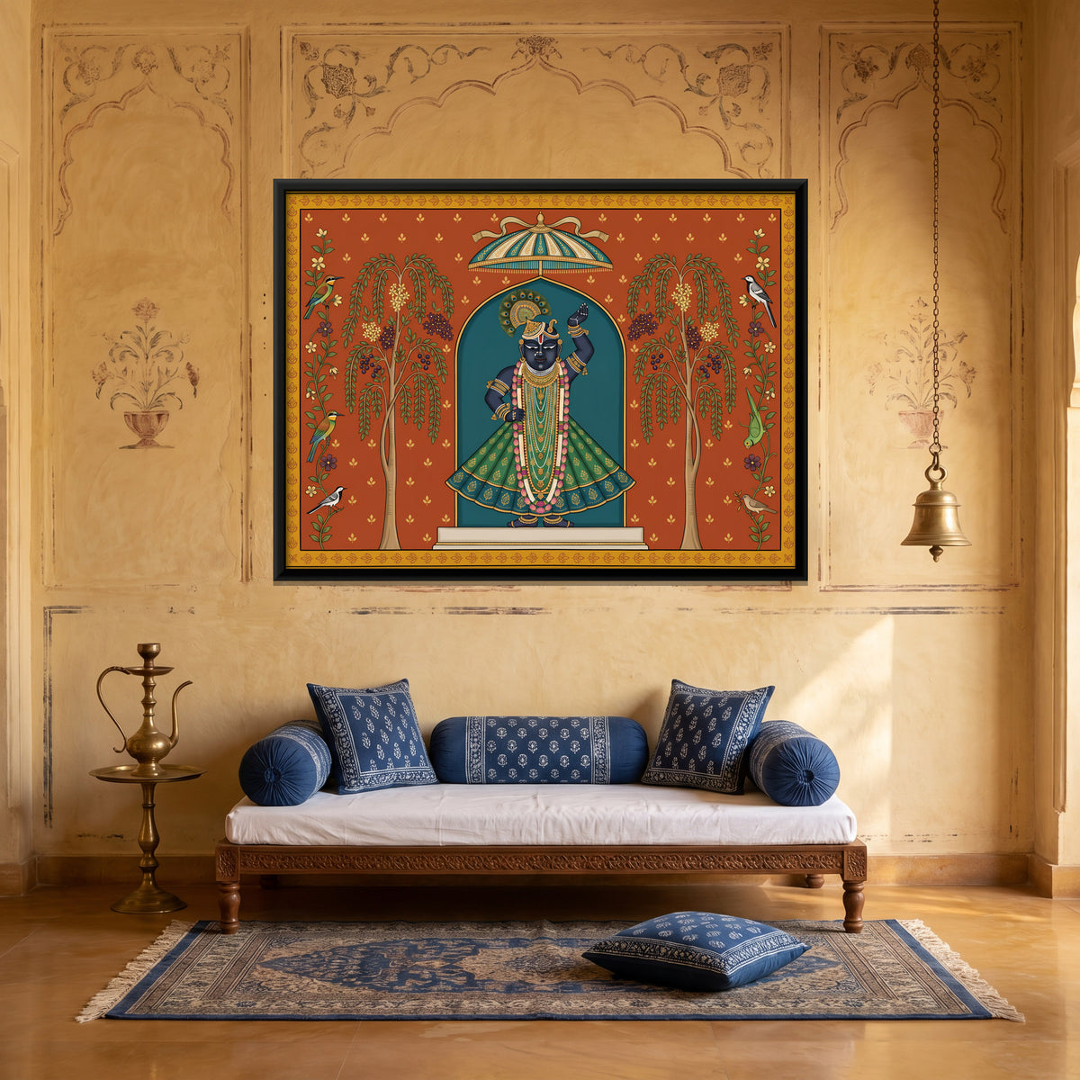 Shrinathji with Sandalwood Trees - canvas art shown in a second room setting