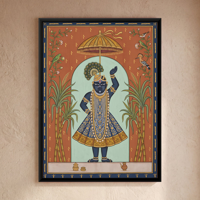 Shrinathji with Sugarcane - framed canvas art hung on a wall