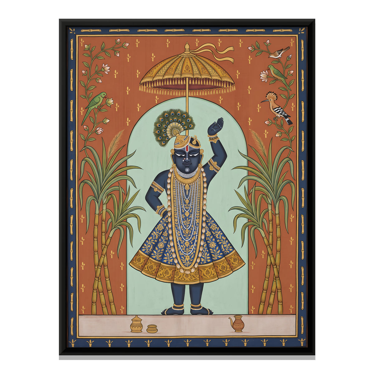 Shrinathji with Sugarcane - framed canvas print, front view