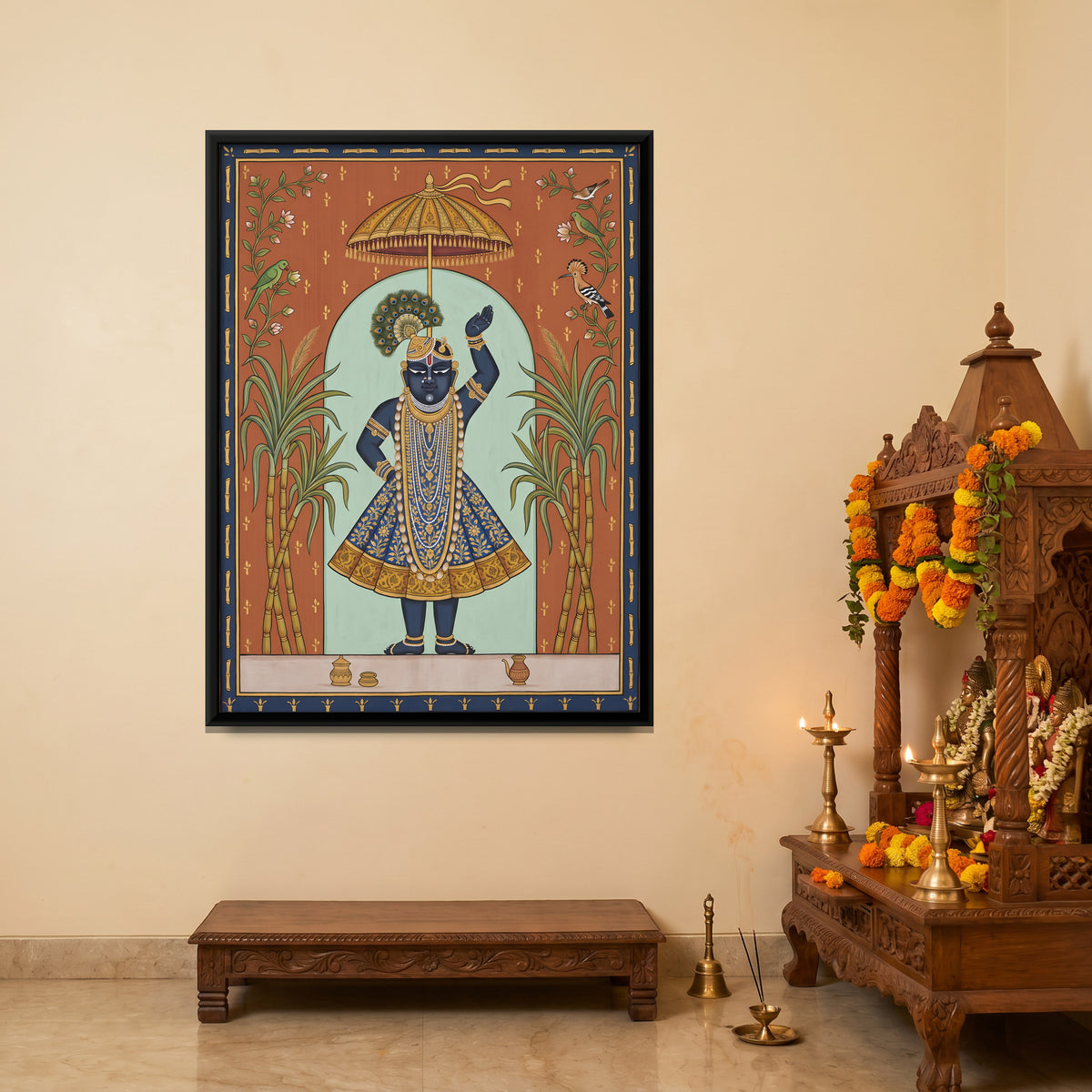 Shrinathji with Sugarcane - canvas art shown in a styled room
