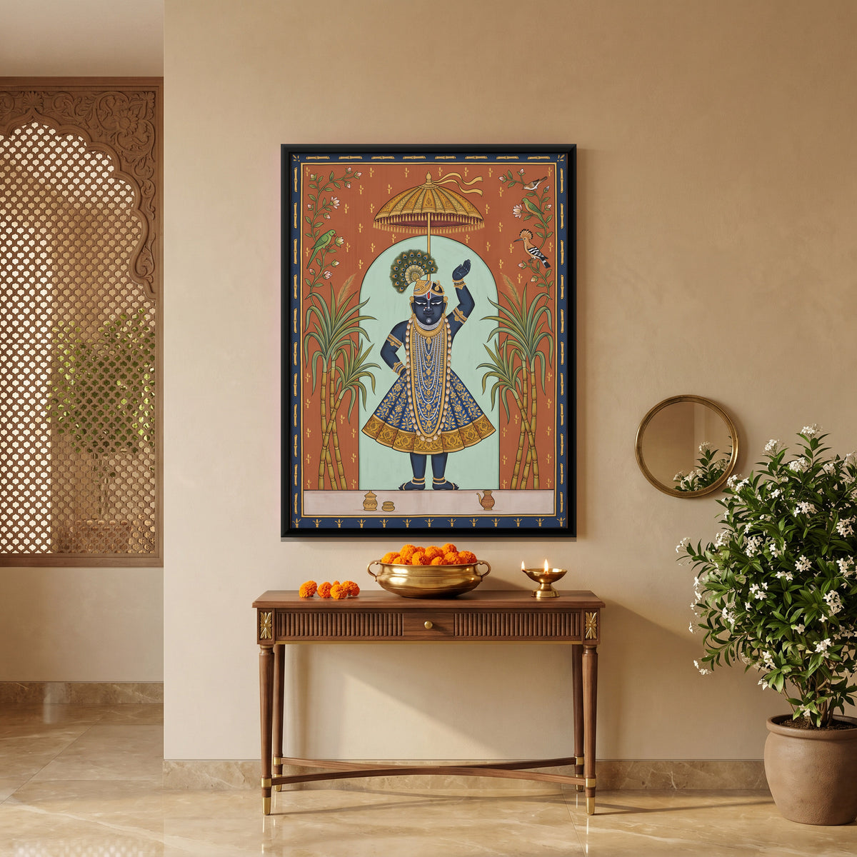 Shrinathji with Sugarcane - canvas art shown in a second room setting