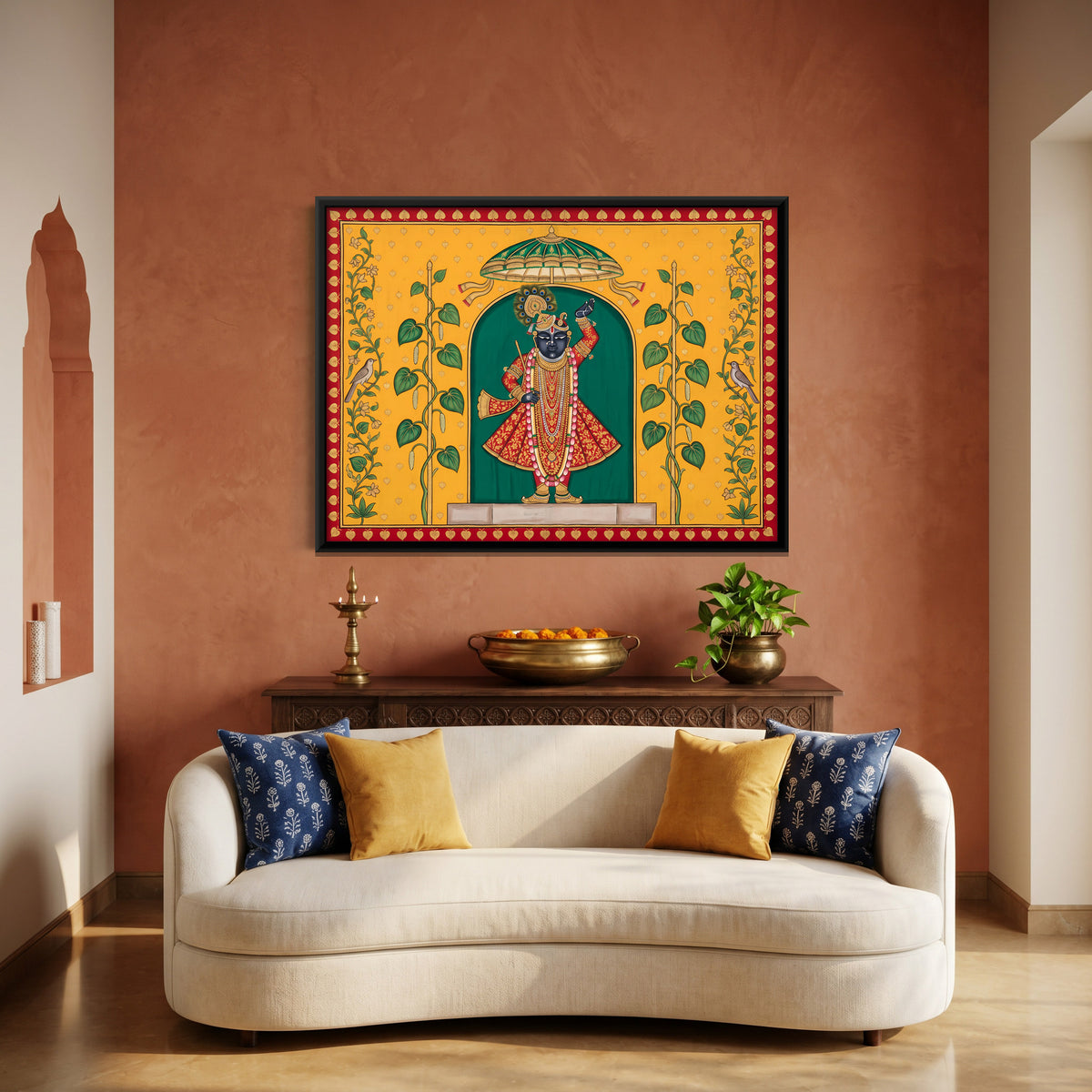 Shrinathji with Betel Vines - canvas art shown in a styled room