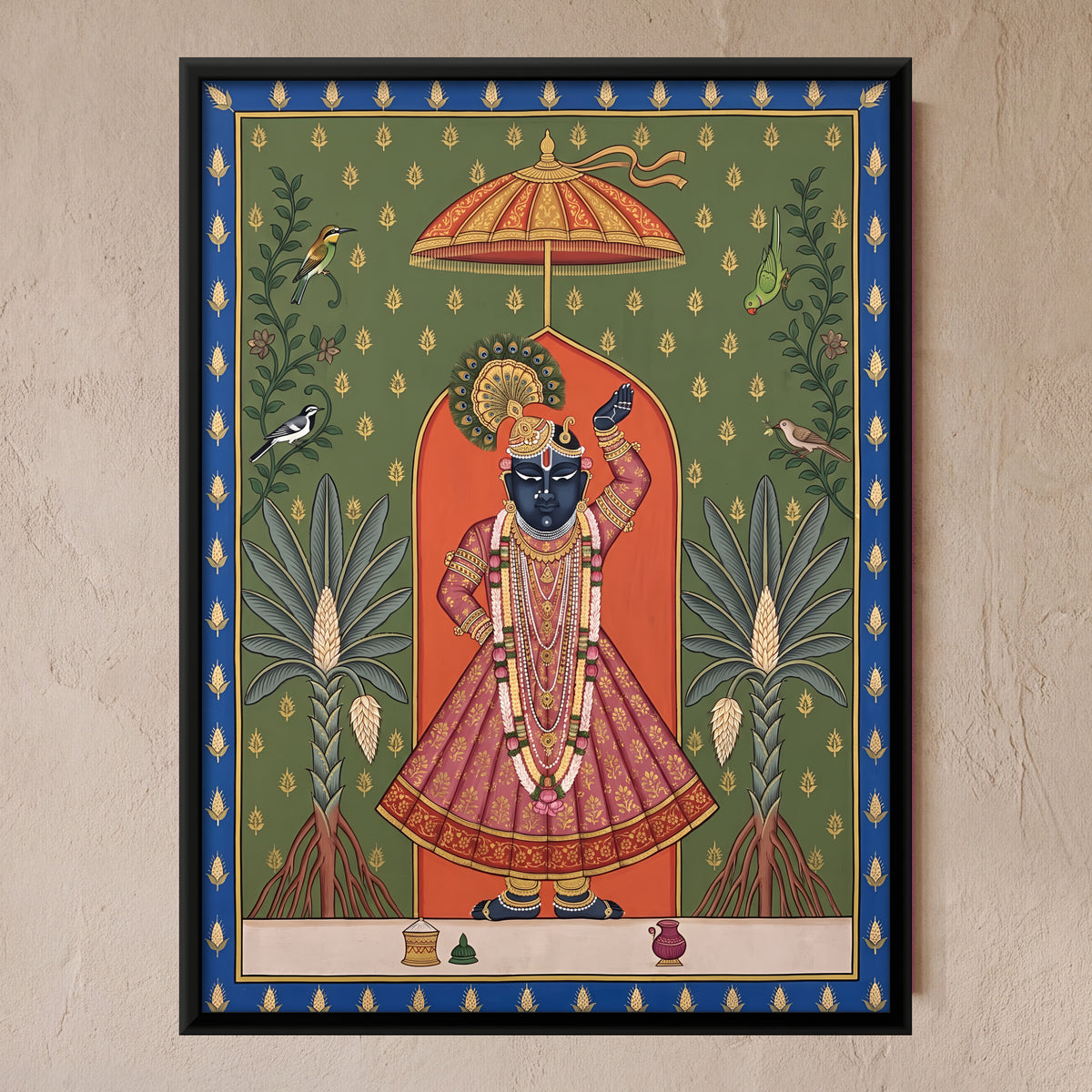 Shrinathji with Screwpine Trees - framed canvas art hung on a wall