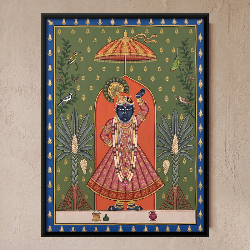 Shrinathji with Screwpine Trees - framed canvas art hung on a wall