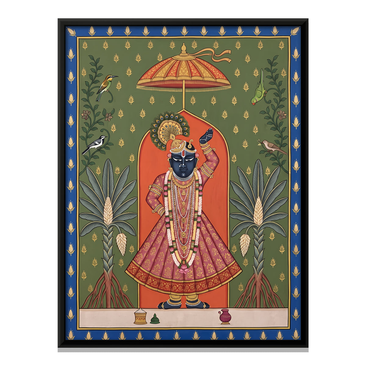 Shrinathji with Screwpine Trees - framed canvas print, front view
