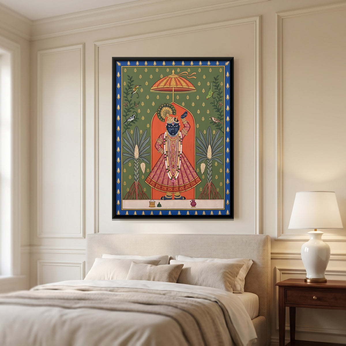 Shrinathji with Screwpine Trees - canvas art shown in a styled room