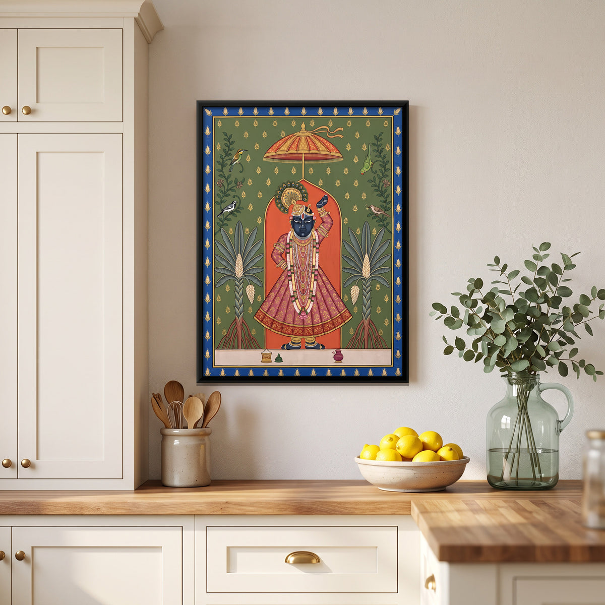 Shrinathji with Screwpine Trees - canvas art shown in a second room setting