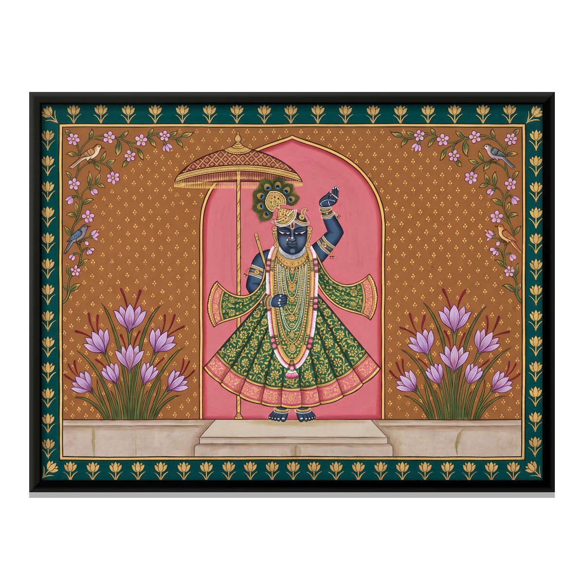 Shrinathji with Saffron Flowers - framed canvas print, front view