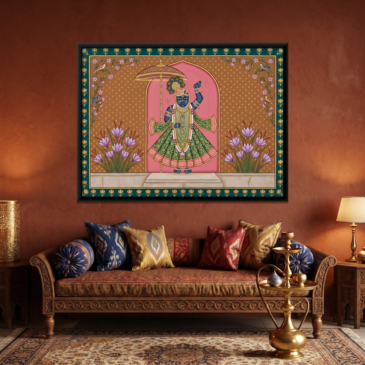 Shrinathji with Saffron Flowers - canvas art shown in a second room setting
