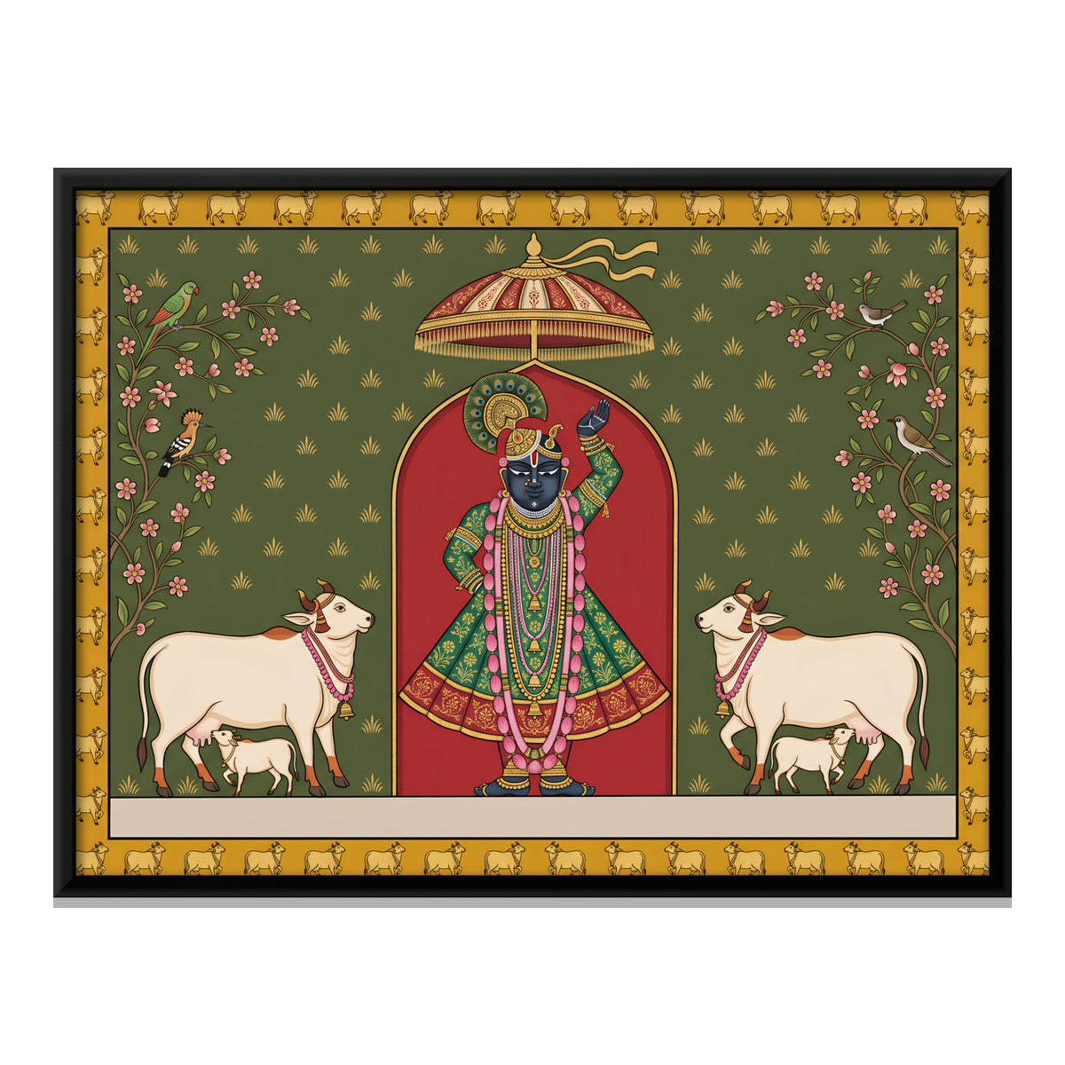 Shrinathji with Cows - framed canvas print, front view