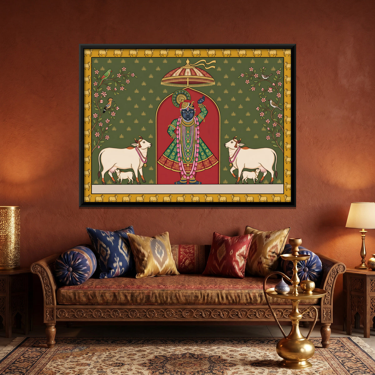 Shrinathji with Cows - canvas art shown in a styled room