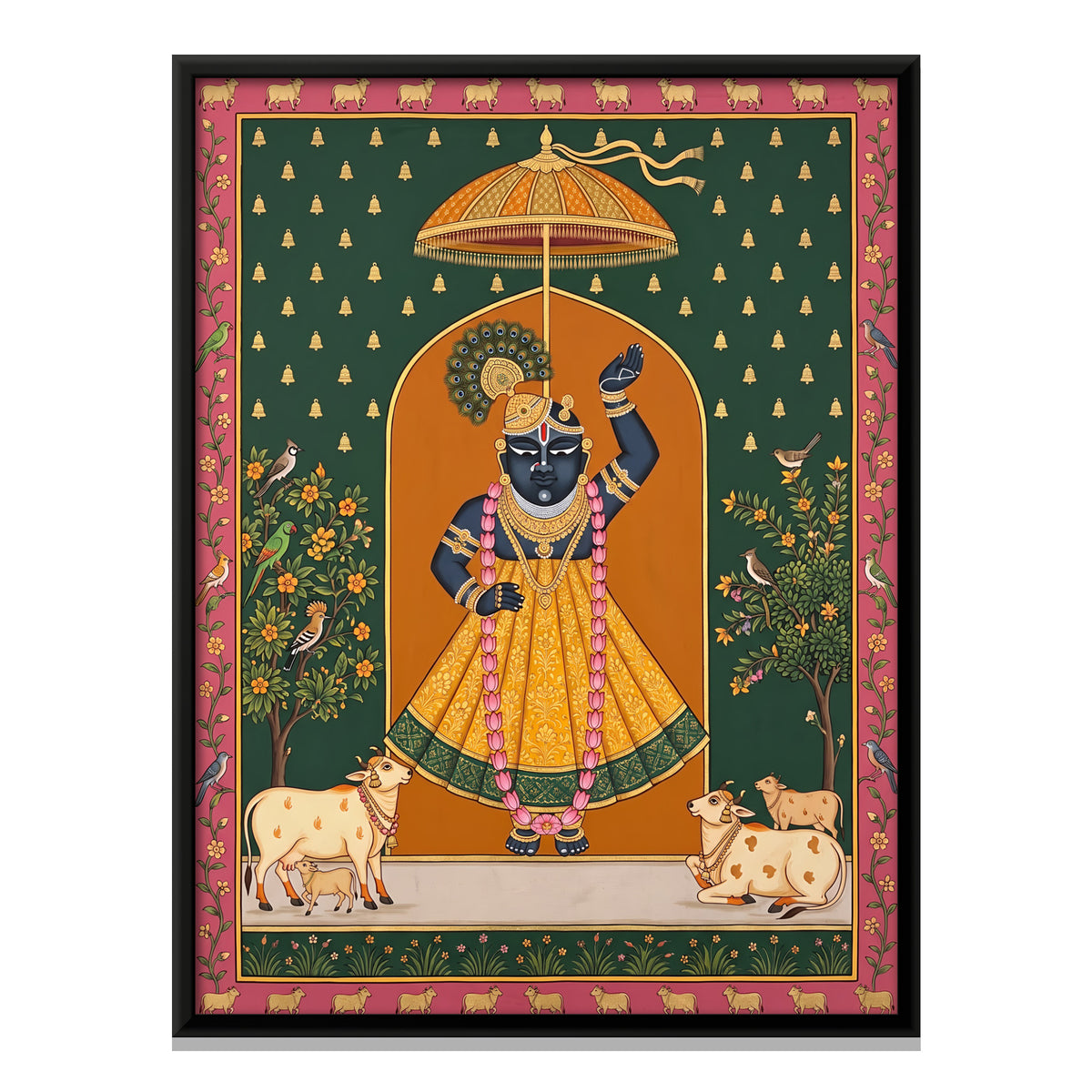 Shrinathji with Cows - framed canvas print, front view