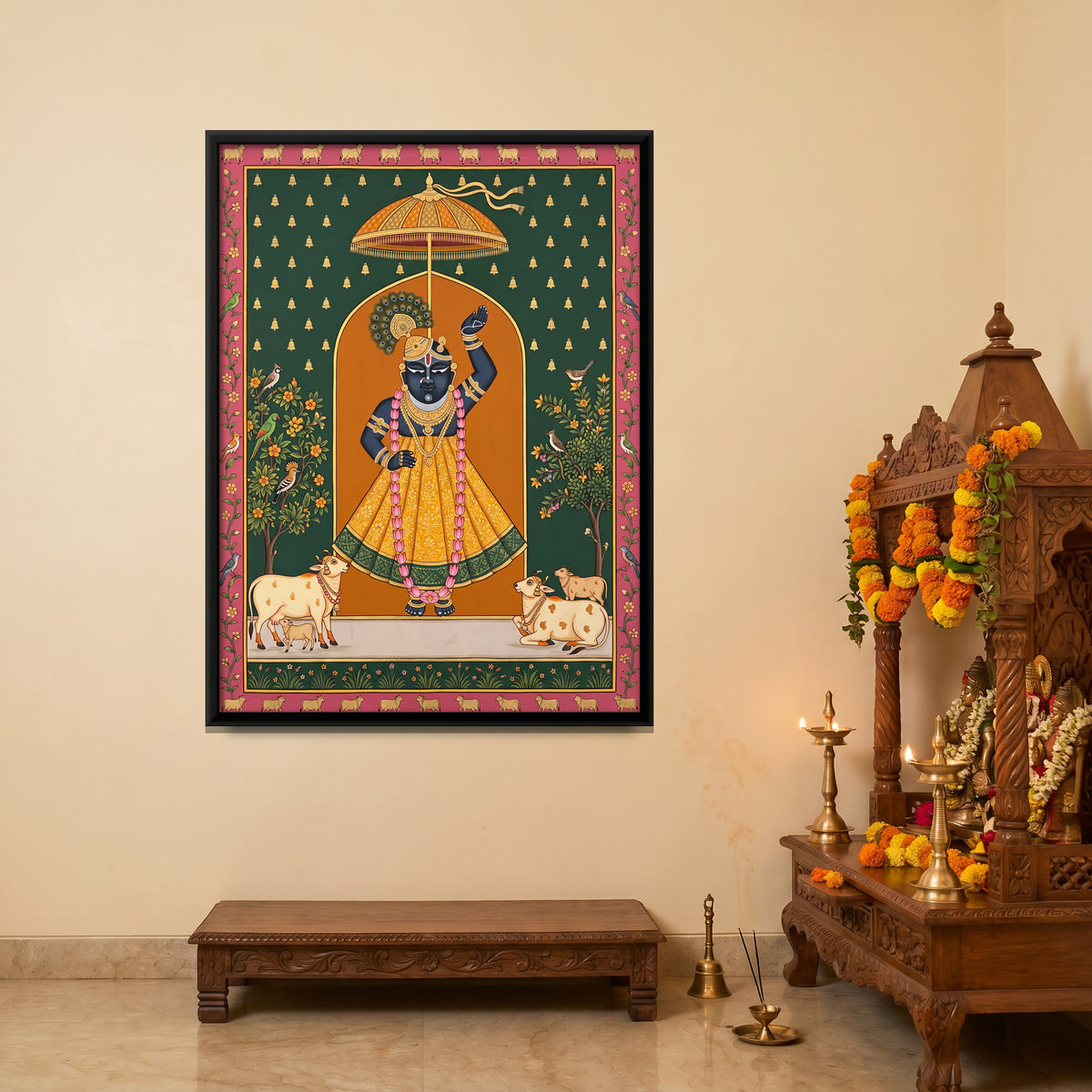 Shrinathji with Cows - canvas art shown in a styled room