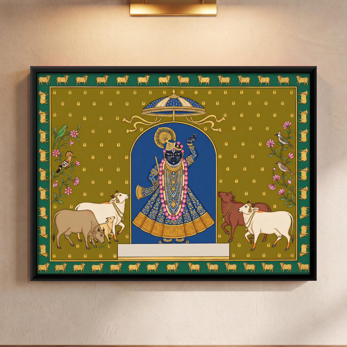 Shrinathji with Cows - framed canvas art hung on a wall