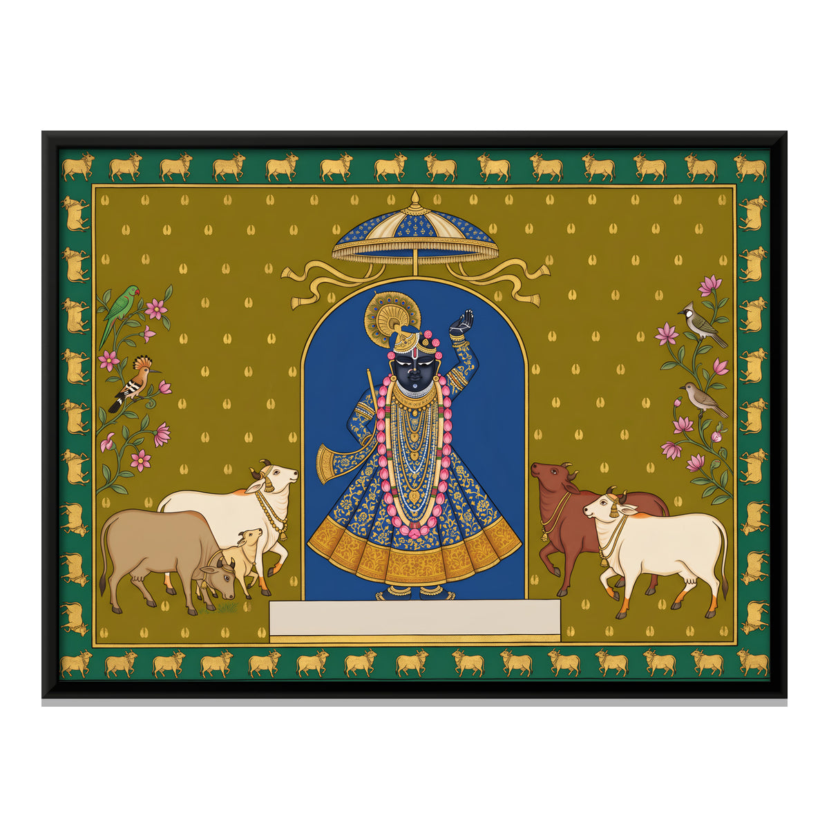 Shrinathji with Cows - framed canvas print, front view