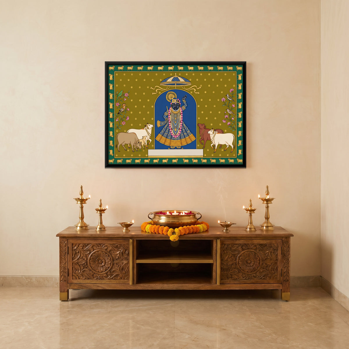 Shrinathji with Cows - canvas art shown in a styled room