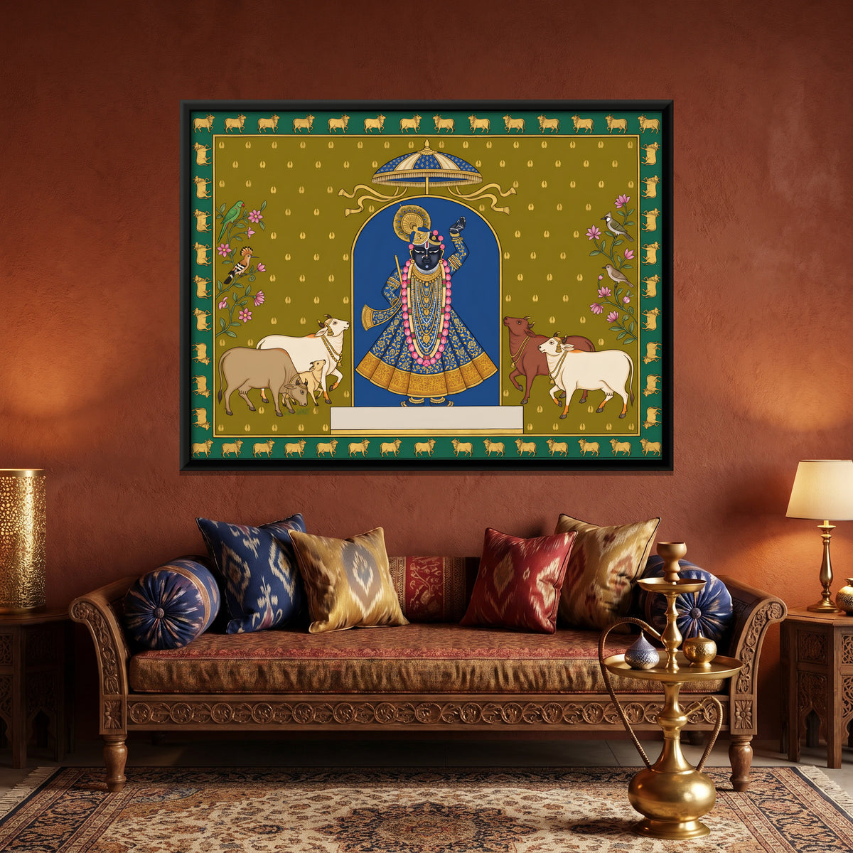Shrinathji with Cows - canvas art shown in a second room setting