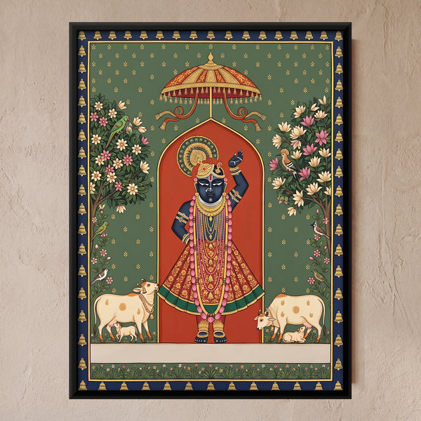 Shrinathji Under an Arch with Two Cows in Terracotta