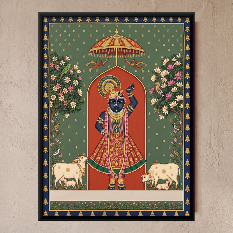 Shrinathji with Cows - framed canvas art hung on a wall