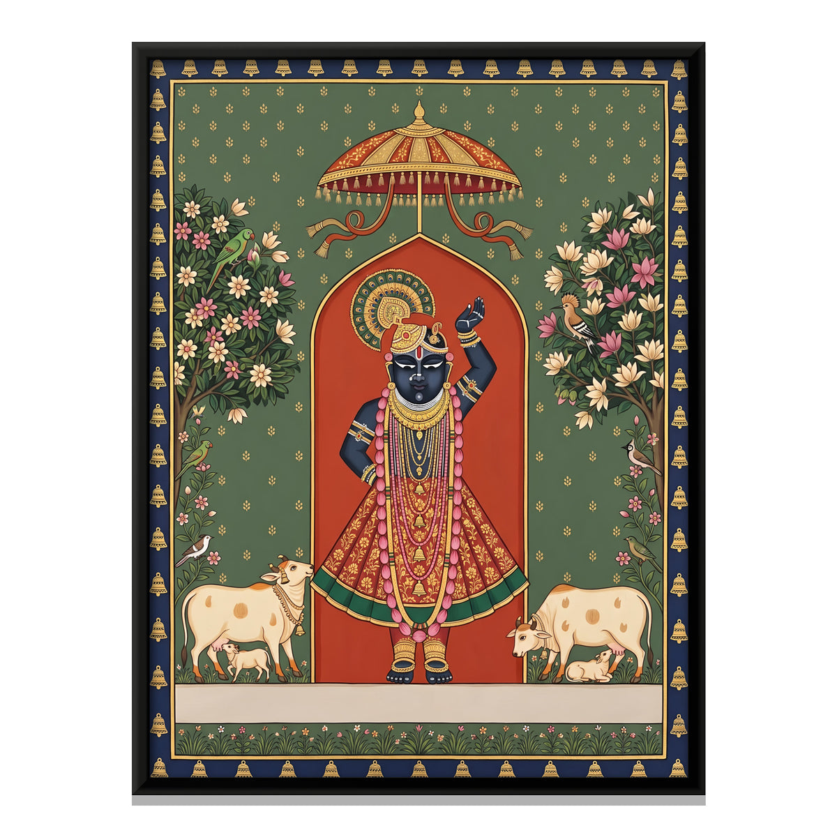Shrinathji with Cows - framed canvas print, front view