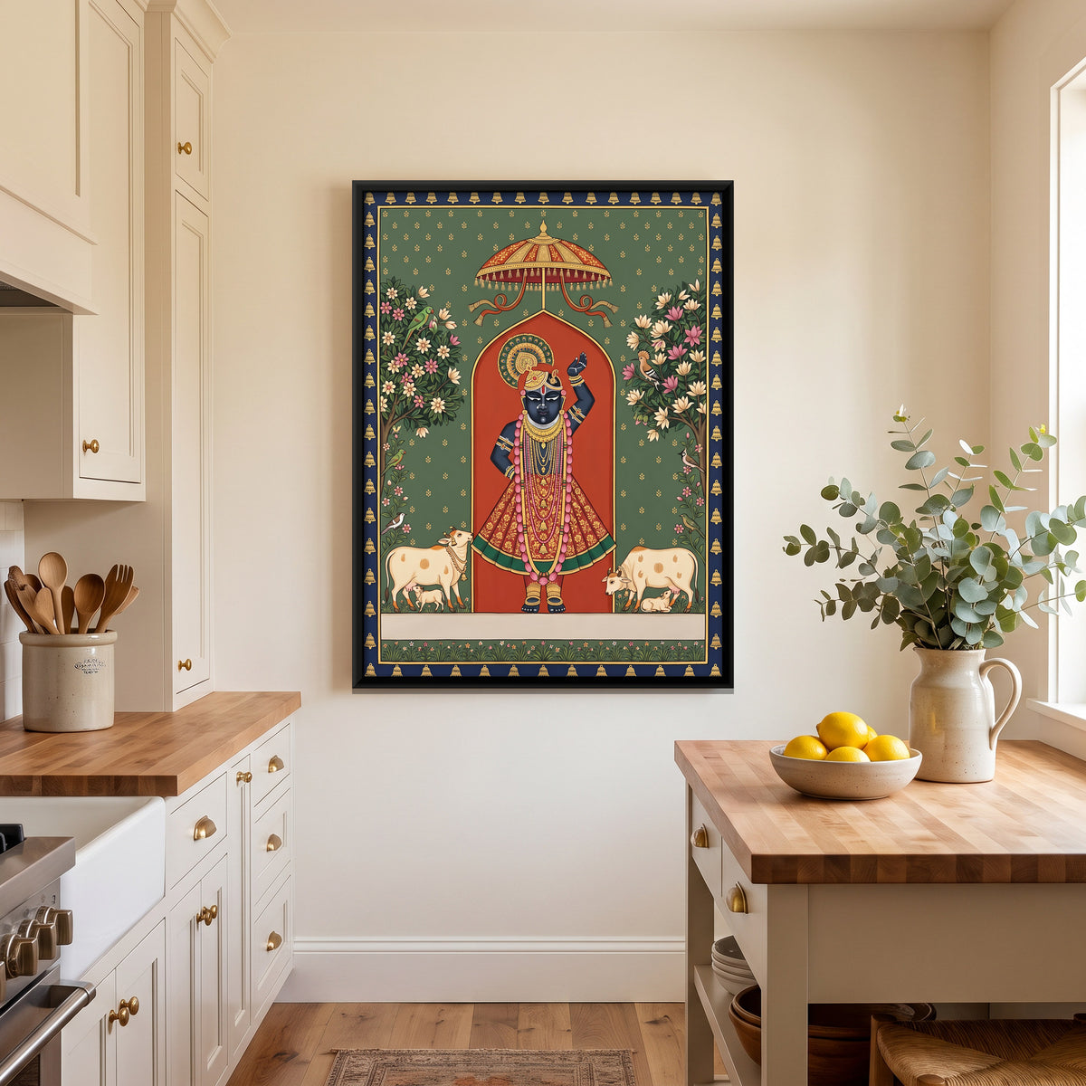 Shrinathji with Cows - canvas art shown in a styled room