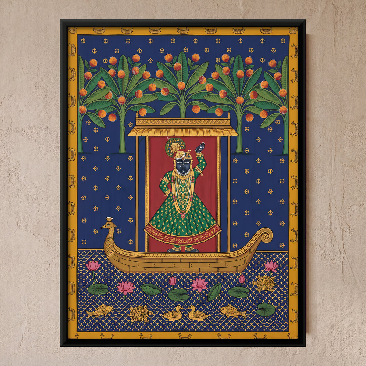 Shrinathji's Boat Beneath Kadamba Trees - framed canvas art hung on a wall