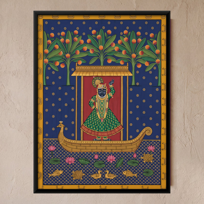 Shrinathji's Boat Beneath Kadamba Trees - framed canvas art hung on a wall