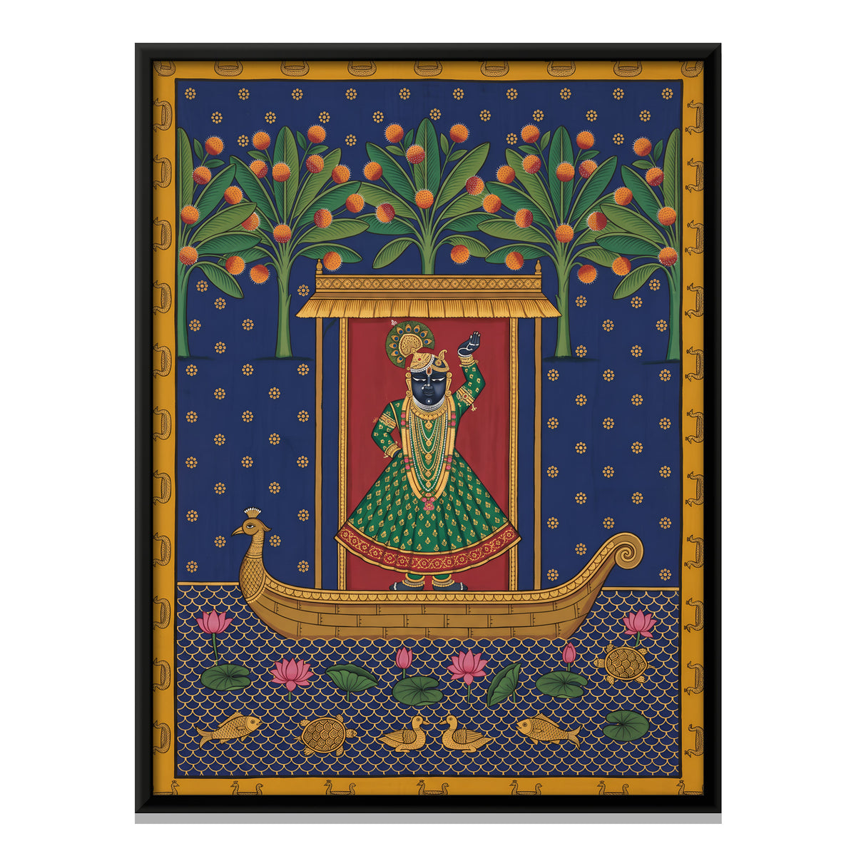 Shrinathji's Boat Beneath Kadamba Trees - framed canvas print, front view